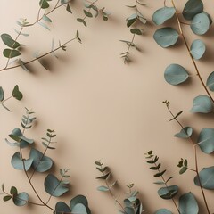 Minimal beige background with eucalyptus branches, social media template, clean branding style.