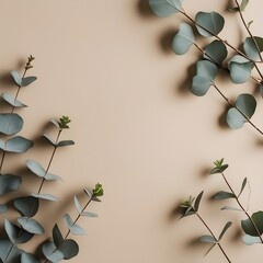 Minimal beige background with eucalyptus branches, social media template, clean branding style.