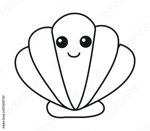 Cute cartoon seashell line art drawing with a happy face, perfect for children's illustrations or coloring books.