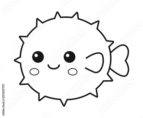 Cute cartoon pufferfish outline drawing with a happy face.