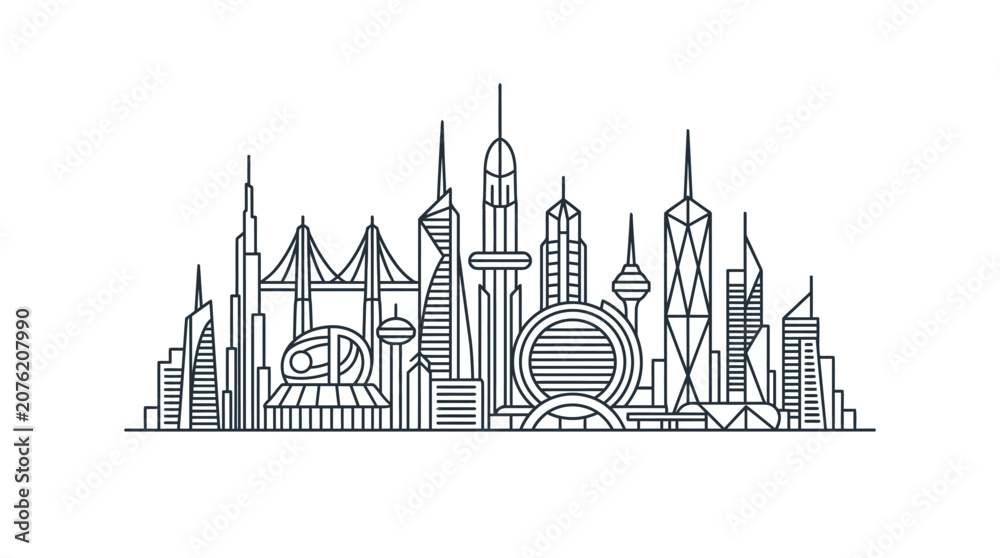 Fototapeta premium A detailed black and white line art illustration of a modern city skyline.