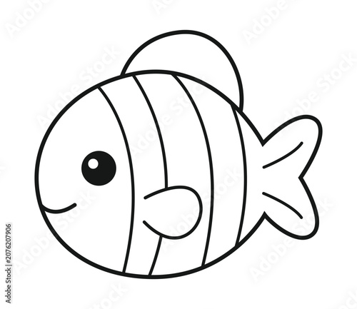 Simple black and white outline drawing of a cute cartoon fish with stripes, a fin, and a smiling face, perfect for coloring pages and children's activities.