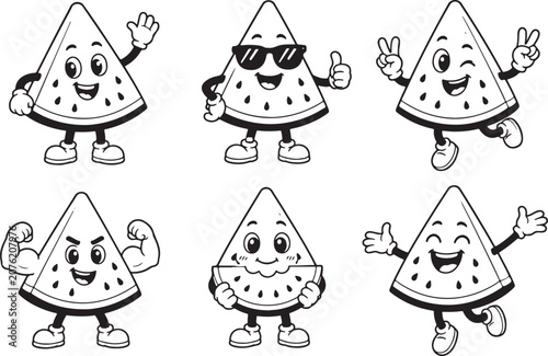 Retro cartoon watermelon slice characters with expressive faces