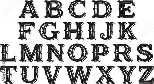 Ornate western serif alphabet with decorative vintage lettering