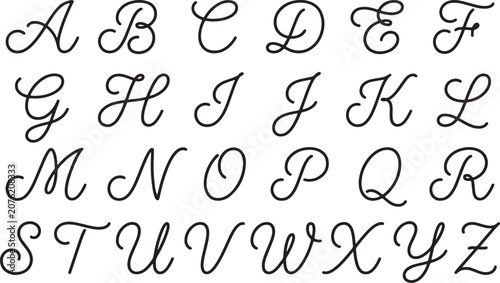 Elegant cursive alphabet with handwritten script letters from a to z