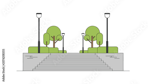 Elegant outdoor stone stairway featuring landscaped hedges, benches, and tall street lamps creating a welcoming public park atmosphere.