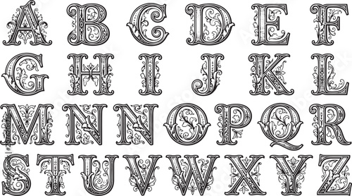 Vintage engraved alphabet with ornate floral letters and filigree