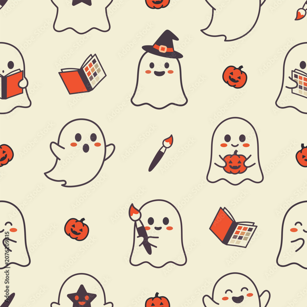 Fototapeta premium Cute Halloween Seamless Pattern. cute ghosts, kawaii cartoon background. for fabric print, gift wrapping paper, wallpaper. Vector illustration