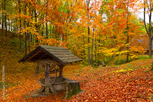 Obraz na plátně Rustic wooden well in a vibrant autumn forest with fallen leaves
