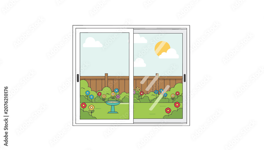 Obraz premium Large sliding glass window providing a view of a lush green backyard garden with colorful flowers and a small bird bath under the bright sun.