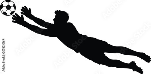 Soccer player silhouette catching a football against a white background