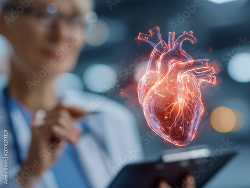 Medical Marvel: A blurred doctor studies a glowing, anatomically correct 3D model of a human heart, representing advancements in medical technology and cardiology.