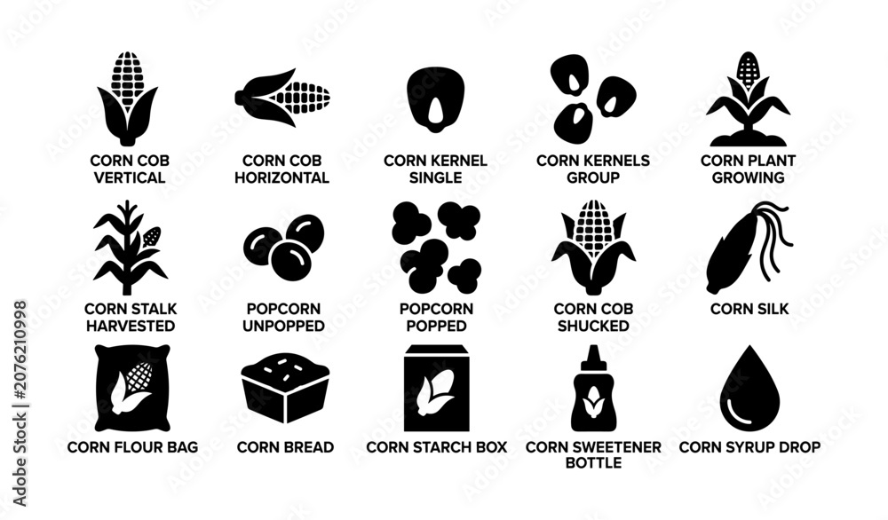 Obraz premium Corn and popcorn product icons displayed on white background