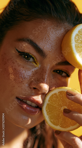 brunette woman with fresh lemon and bold editorial makeup, citrus beauty portrait with glossy skin and vibrant yellow makeup, modern fashion portrait with lemon slices and dewy freckled skin