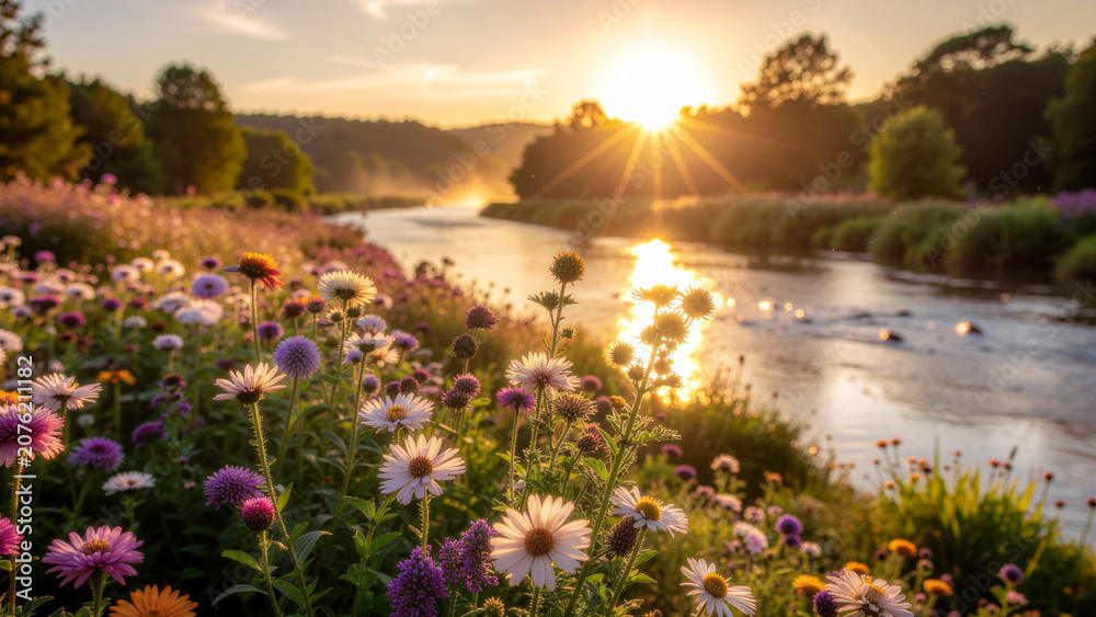 Obraz premium Colorful wildflowers blooming along a peaceful riverbank during a bright golden sunrise with sunbeams