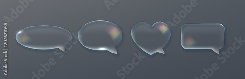 Collection of transparent glass speech bubbles with glossy liquid texture and holographic reflections. Modern 3D chat icons for messaging apps and digital communication.