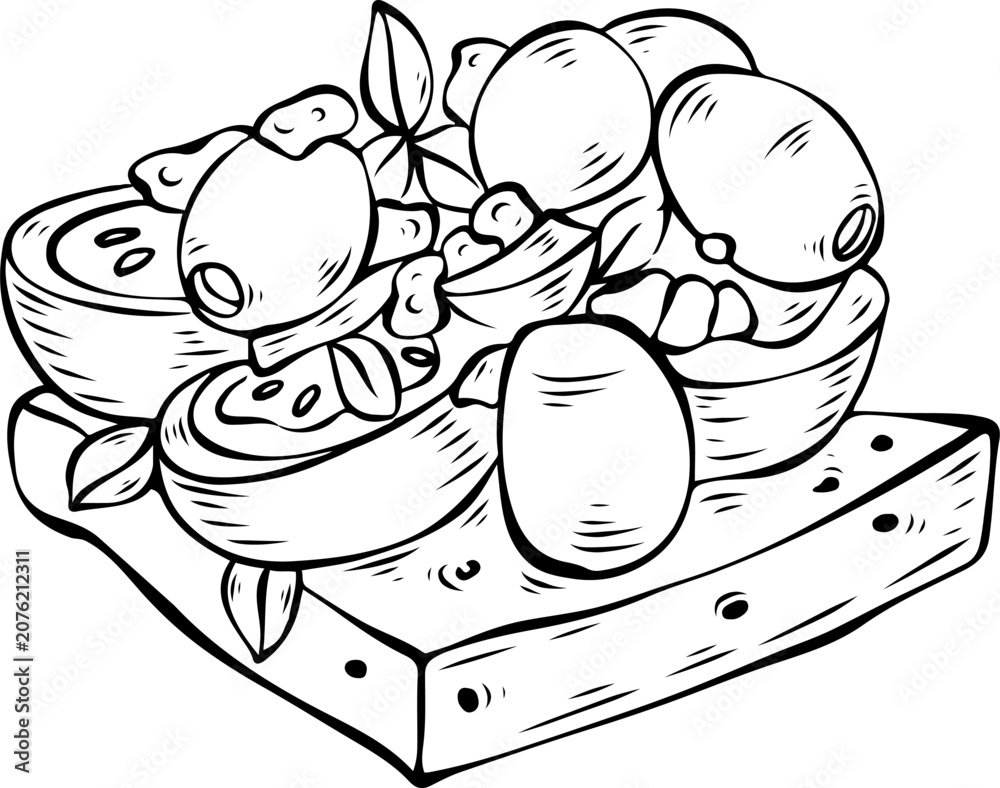 Obraz premium Bruschetta snack on wooden board sketch line art graphic for restaurant menu grocery web. Vector illustration