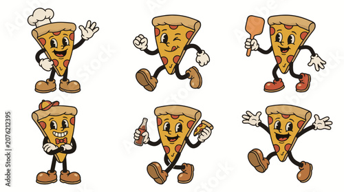 Retro pizza slice mascot characters in various fun poses