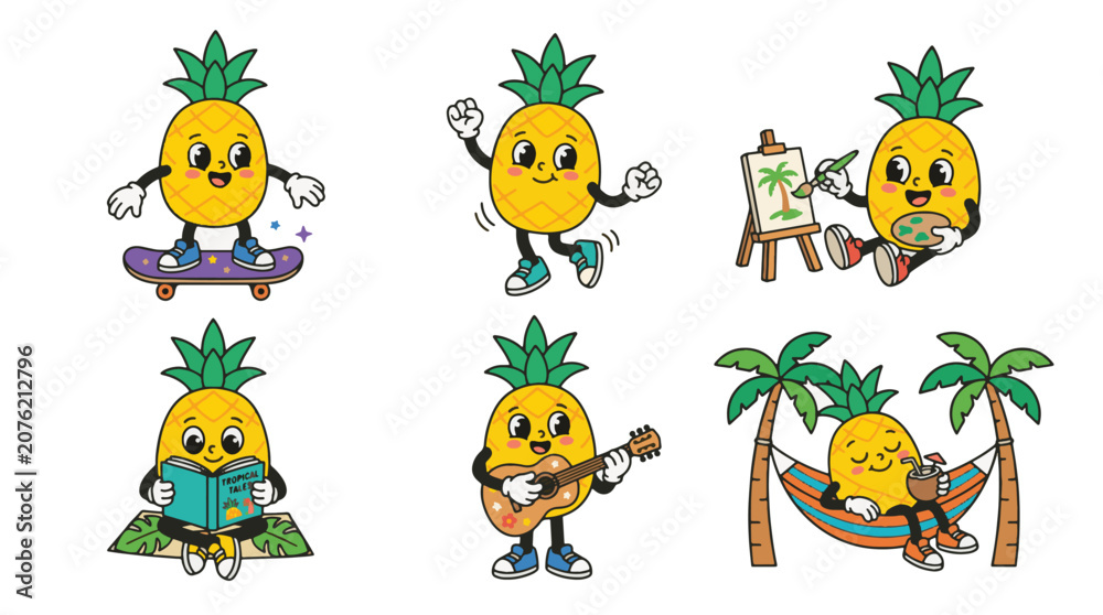 Obraz premium Retro cartoon pineapple characters enjoying various summer hobbies