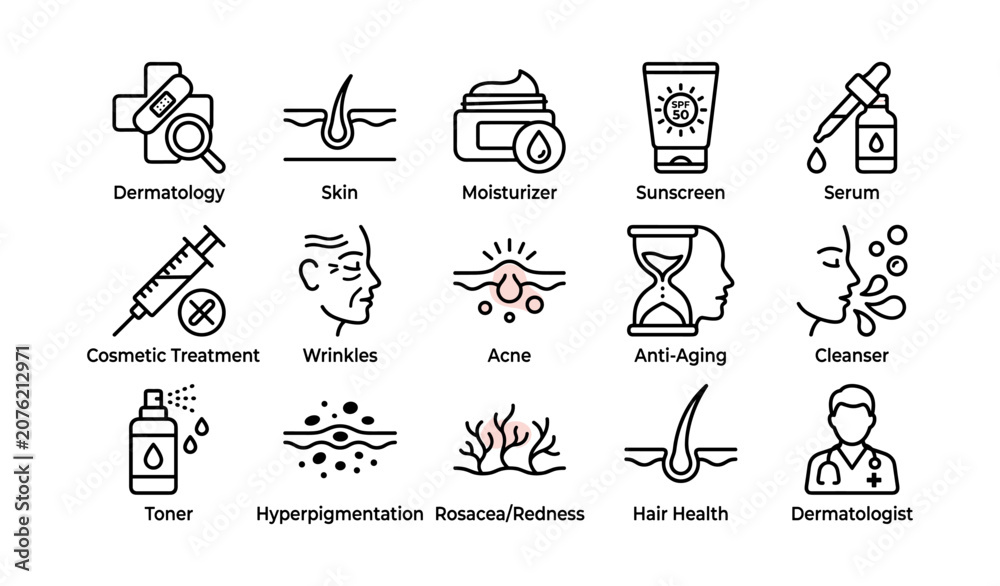 Fototapeta premium Skincare icons showing conditions and treatments on white background