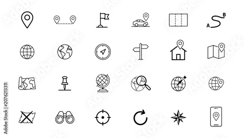 Tableau sur toile Collection of navigation and travel icons including maps globes location markers