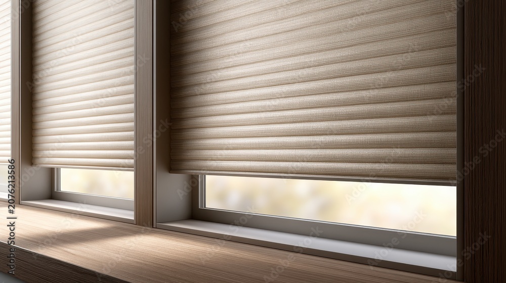 Obraz premium Stunning photo of modern interior window with energy-efficient cellular shades, featuring honeycomb design for superior thermal insulation and light control in a stylish home.