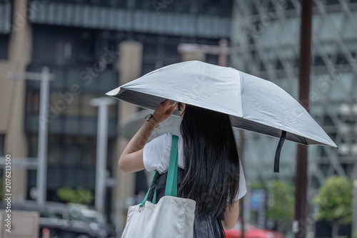 Rear view of woman holding a sun umbrella on a modern city street with contemporary architecture.