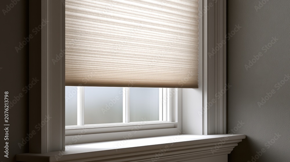 Obraz premium Stunning photo of modern interior window with energy-efficient cellular shades, featuring honeycomb design for superior thermal insulation and light control in a stylish home.