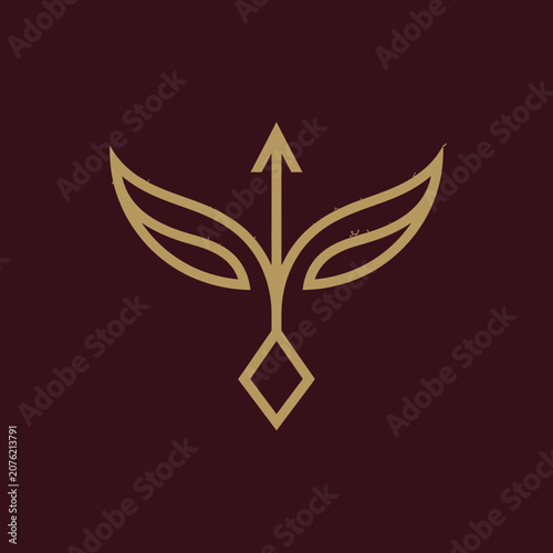 Elegant gold bow and arrow wings logo design.