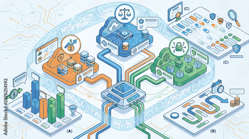 Fototapeta premium Multi Cloud Cost Management Dashboard, Isometric Compliance Analytics Infographic Vector
