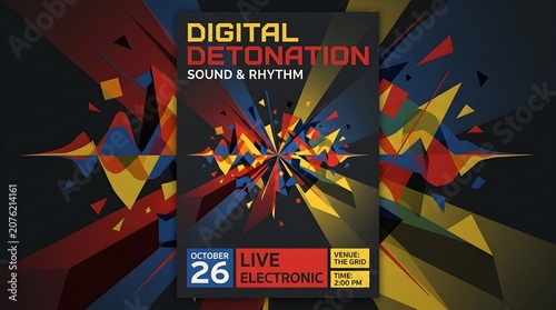 Digital Detonation Sound and Rhythm Event Poster, Exploding Geometric Shards in Bold Primary Colors Around Central Panel, High Energy Abstract Design Promoting Live Electronic Music Night with Date, V