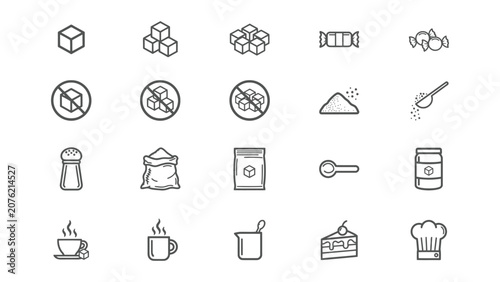 Cuadro en lienzo Line icons of sugar cubes candy salt pepper coffee cake and kitchen utensils on