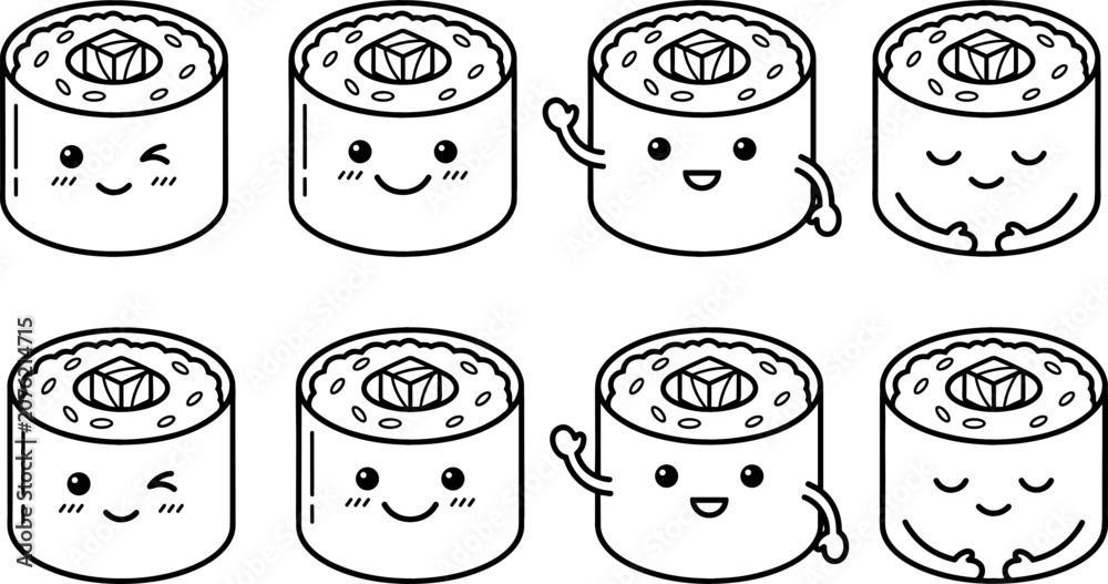 Obraz premium Cute Cartoon Sushi Maki Roll Vector Character Set Waving Winking and Smiling for Kids Coloring Books and Japanese Restaurant Graphic Designs