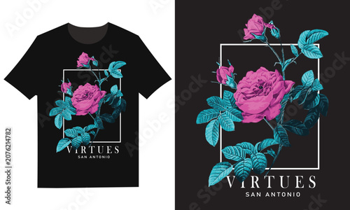 Cuadro en lienzo T shirt design with floral pattern and text logo virtues san antonio