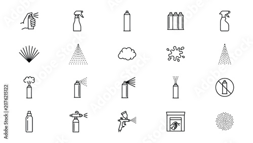 Schilderij op canvas Set of line icons for spray paint and aerosol cans and bottles with nozzles and