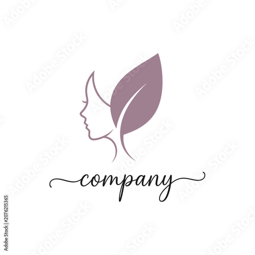 Elegant woman face profile with purple leaf hair.