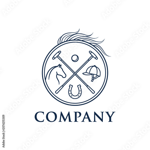 Equestrian sports crest logo with horse and polo equipment.