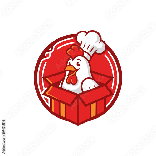 Friendly chicken chef mascot popping out of red box.