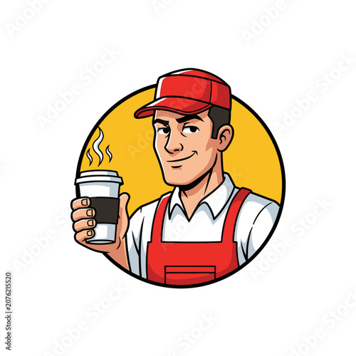 Friendly cartoon barista man mascot holding a coffee cup.