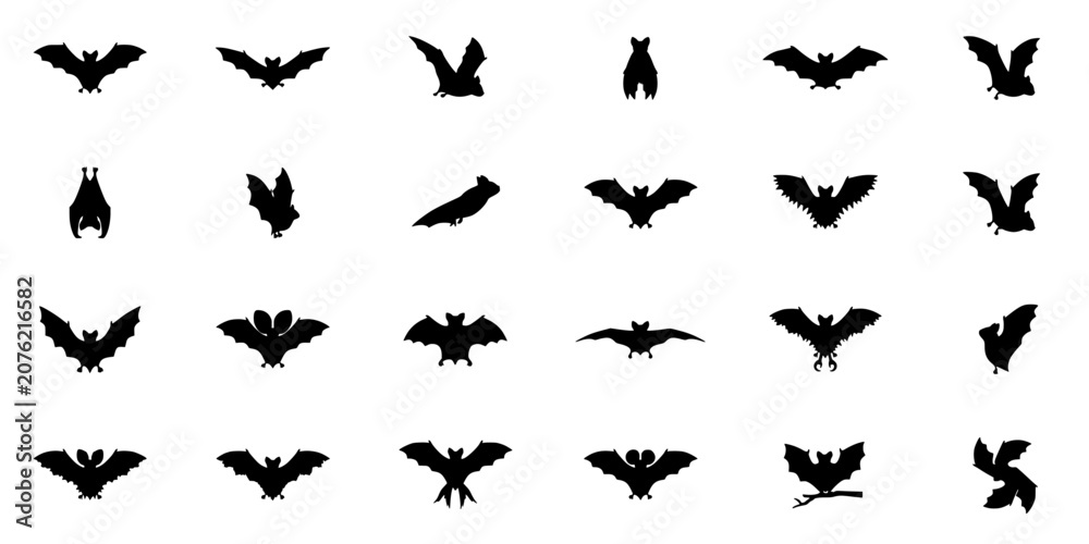 Fototapeta premium Bats in Various Silhouettes Arranged in a Grid Pattern Featuring Bat, Silhouette, Black with Vector and Illustration Elements