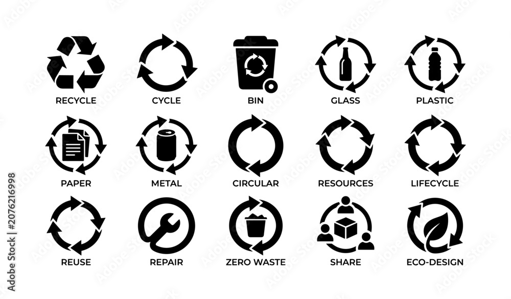 Fototapeta premium Recycling icons showing materials and circular economy symbols