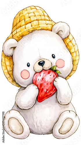 A white teddy bear wearing a straw hat and eating a stawberry