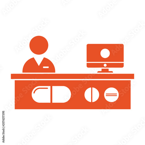 Pharmacist behind counter with pills and computer
