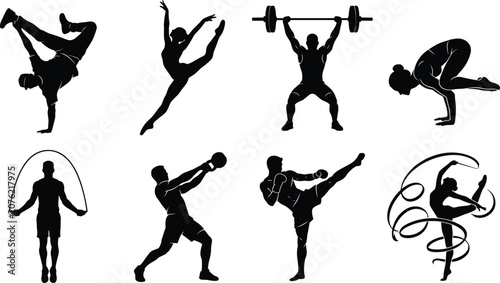Fotografie Fitness and sports silhouettes vector collection featuring breakdancer gymnast w