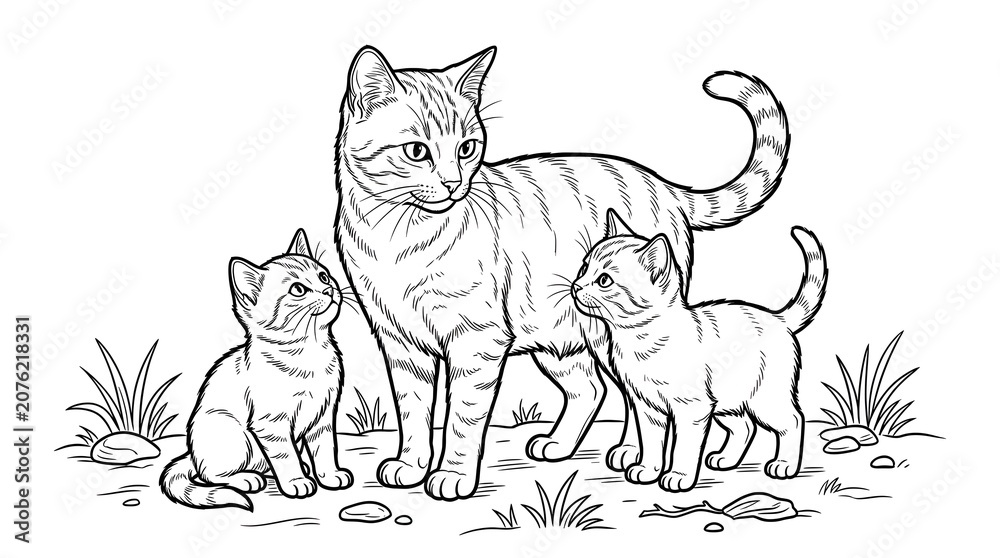 Naklejka premium Sweet tabby cat looking at her playful little baby kittens