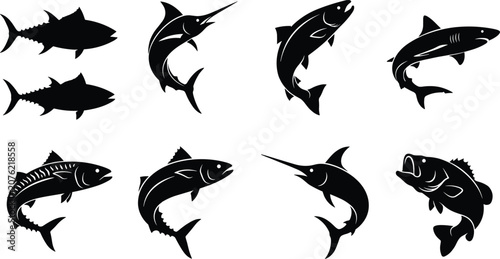 Konstfotografi Sea fish silhouettes vector set featuring shark tuna swordfish marlin and bass i