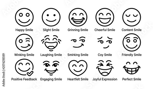 Grid of smile emoji icons with labels on white background