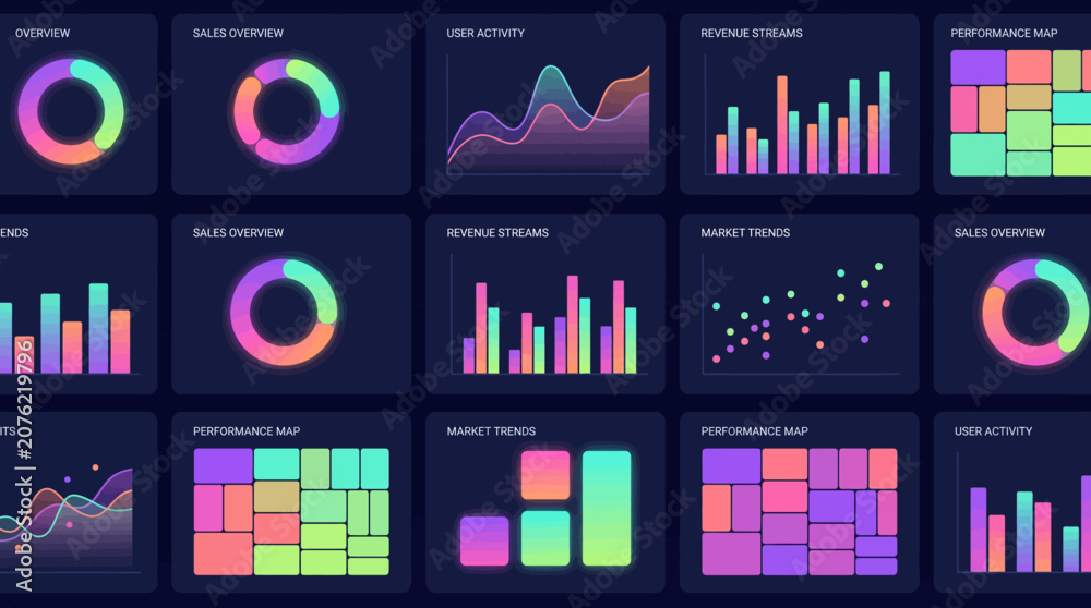 Fototapeta premium Modern flat vector UI dashboard displays various colorful graphs and charts