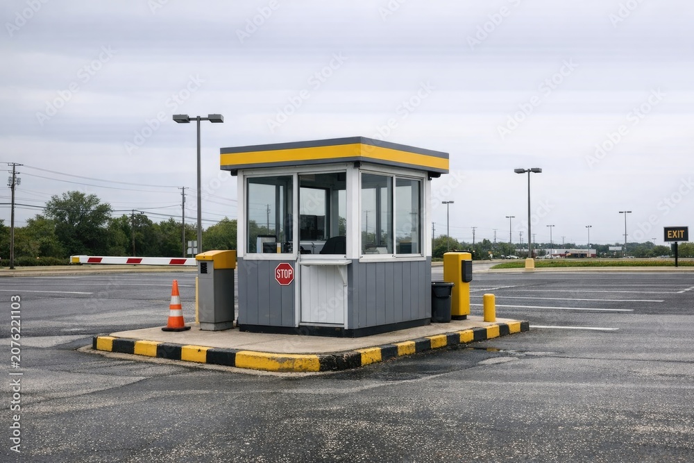 Obraz premium A yellow and gray parking booth in a modern parking lot with cars passing by