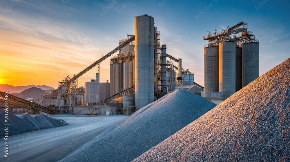 Fototapeta premium Industrial cement plant with silos and conveyor belts at sunset, gravel piles in foreground